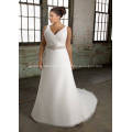 A-line V-neck Chapel Train Organza Over Satin Beading Plus Size Wedding Dress